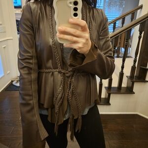 Elegant Women's Brown Leather Jacket with Braided Details